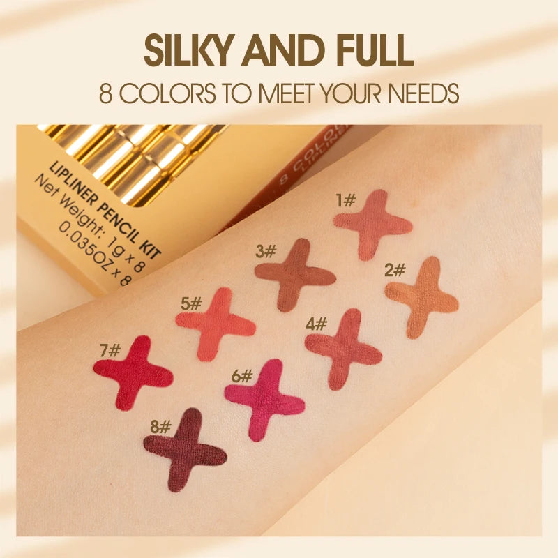 Lip liner pencil kit with swatches on a beige background