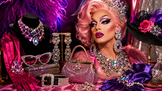 Drag queen accessories with sparkling jewelry, sunglasses, handbag, gloves and glam details on a pink background.