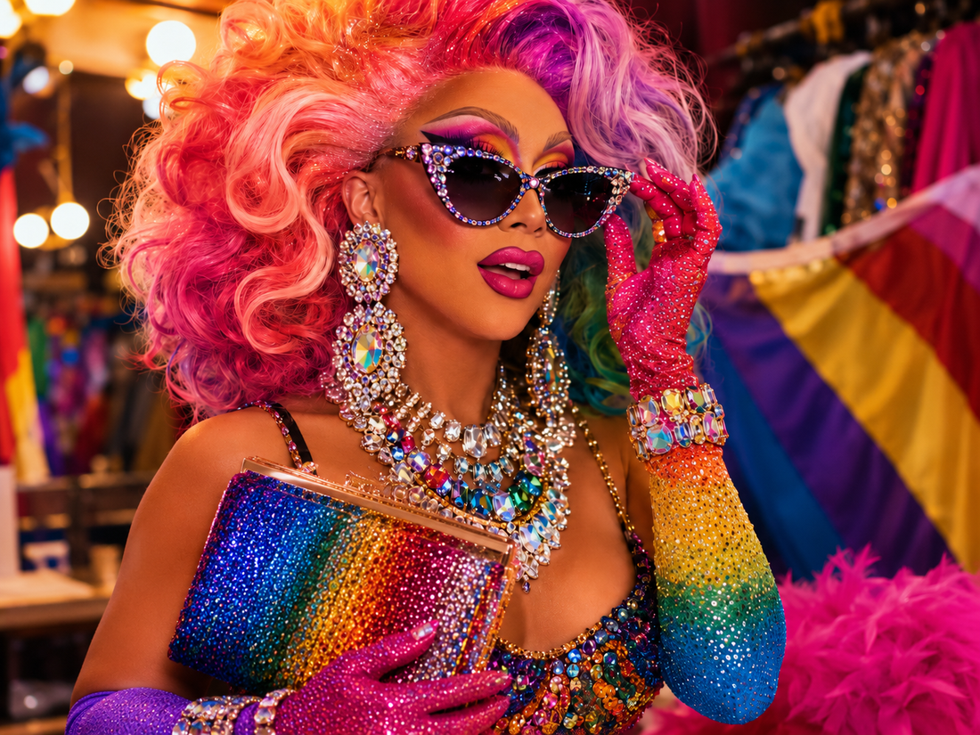 Drag queen wearing Pride-inspired accessories, oversized earrings, sparkling sunglasses, gloves and stage jewelry.