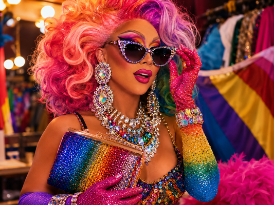 Drag queen wearing Pride-inspired accessories, oversized earrings, sparkling sunglasses, gloves and stage jewelry.