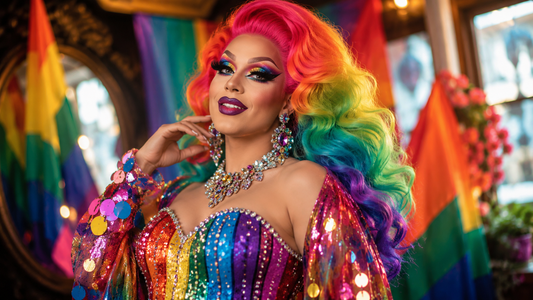 Drag queen wearing a pink wig, sparkling corset and glamorous accessories for a colorful Pride outfit.