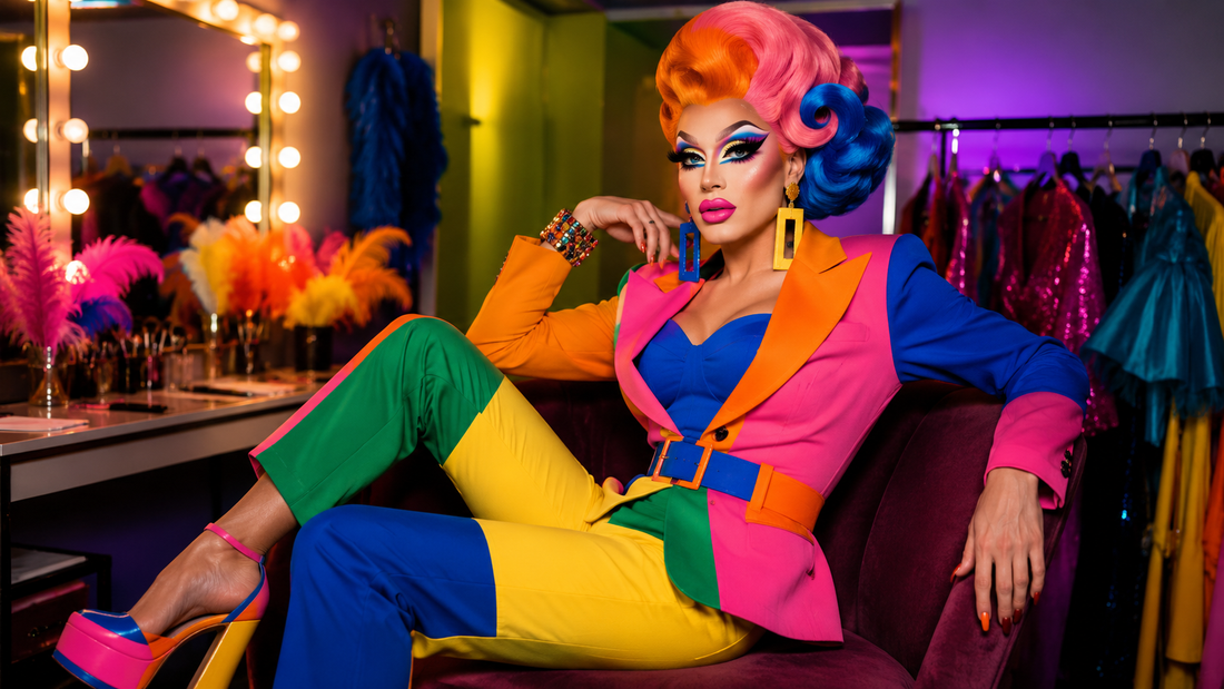 Drag queen wearing a bold color blocking look with vibrant outfit, dramatic makeup, voluminous wig and sparkling accessories in a backstage dressing room.