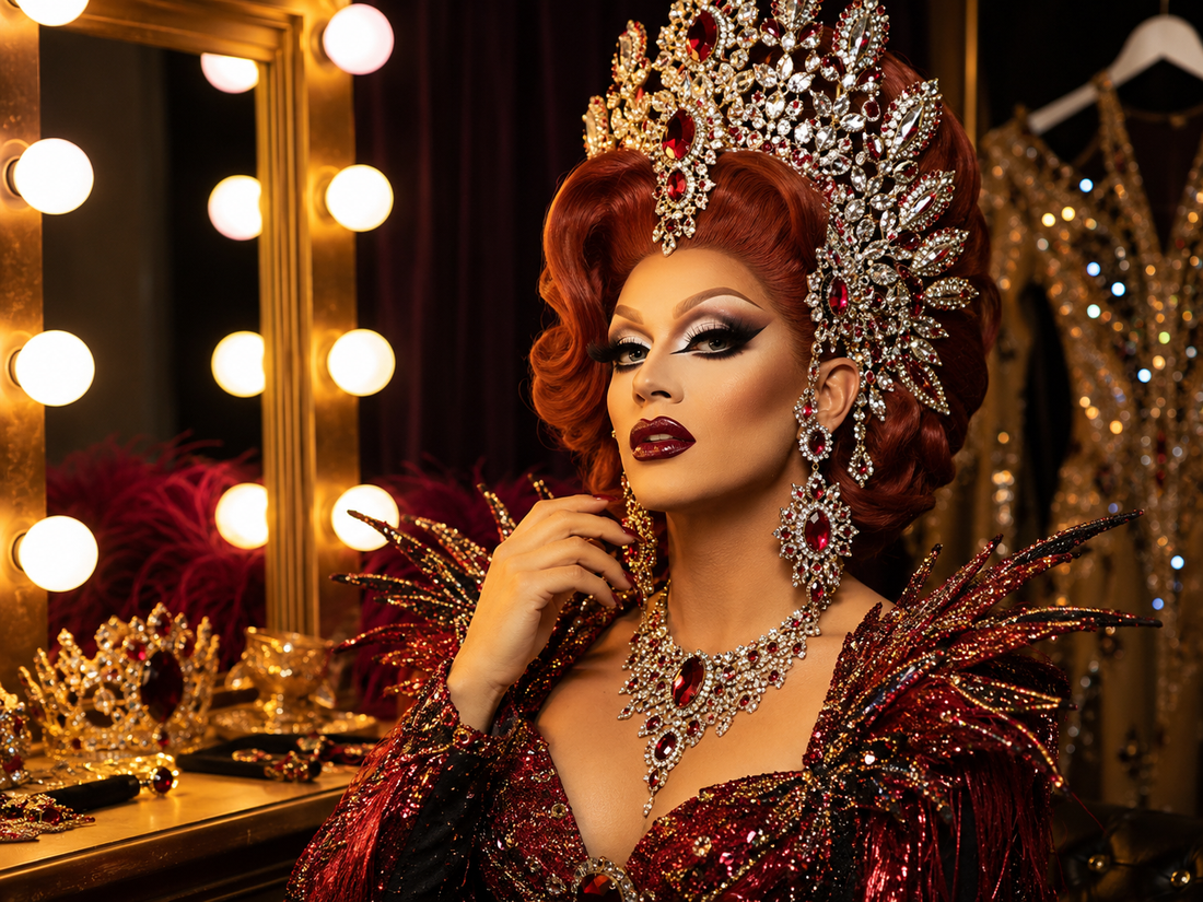 Drag queen wearing a sparkling tiara and dramatic headpiece in a glamorous dressing room with jewelry and stage costumes.