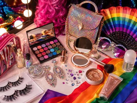 Drag queen preparing a Pride festival kit with makeup, wig, platform heels, sparkling accessories and stage outfit pieces in a backstage room.