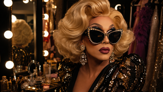 Drag queen wearing bold sunglasses with dramatic makeup, voluminous wig and sparkling accessories in a glamorous dressing room.