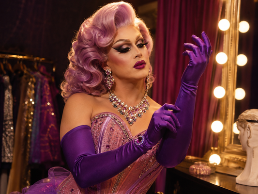 Drag queen backstage wearing long sparkling gloves, dramatic jewelry, bold makeup and a stage outfit.
