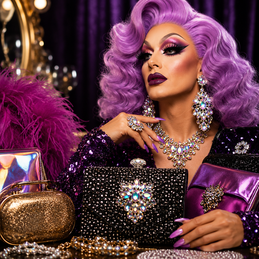 Drag queen holding a sparkling clutch in a glamorous dressing room with stage accessories.