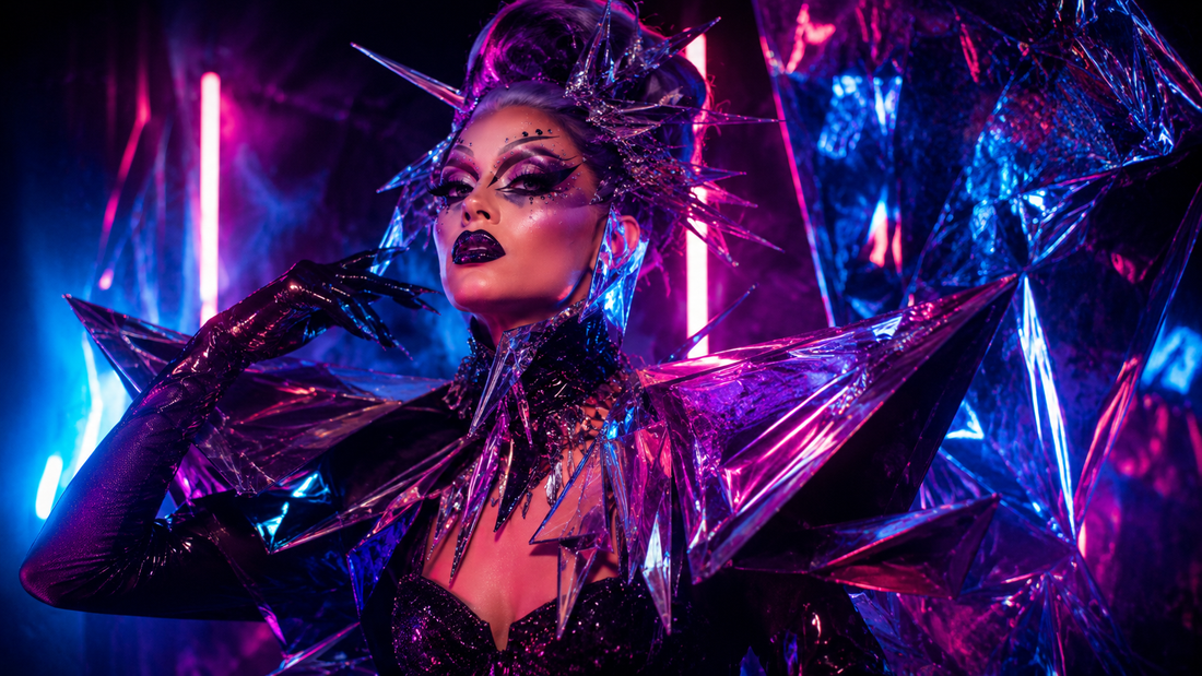 Drag queen in an avant-garde look with graphic makeup, sculptural wig and dramatic accessories in a theatrical dressing room
