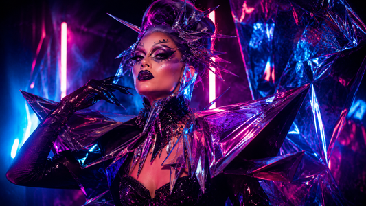 Drag queen in an avant-garde look with graphic makeup, sculptural wig and dramatic accessories in a theatrical dressing room