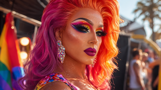 Drag queen with heat-proof glam makeup, dramatic lashes and a sparkling Pride festival look.