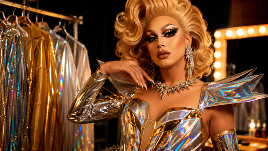 Drag queen in a metallic gold, silver and holographic stage look with dramatic makeup, voluminous wig, sparkling jewelry, accessories and reflective outfit