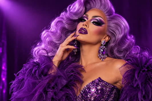 Drag queen wearing a purple wig, dramatic makeup and glamorous purple stage outfit in a vanity dressing room