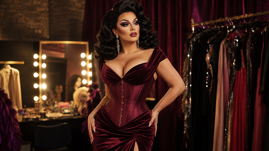 Drag queen in a structured corset dress with defined padding and a glamorous stage silhouette in a dressing room