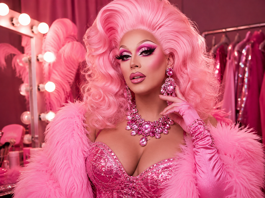 Drag queen with pink hair, glamorous makeup, sparkling outfit and bold stage accessories in fuchsia and rose tones.