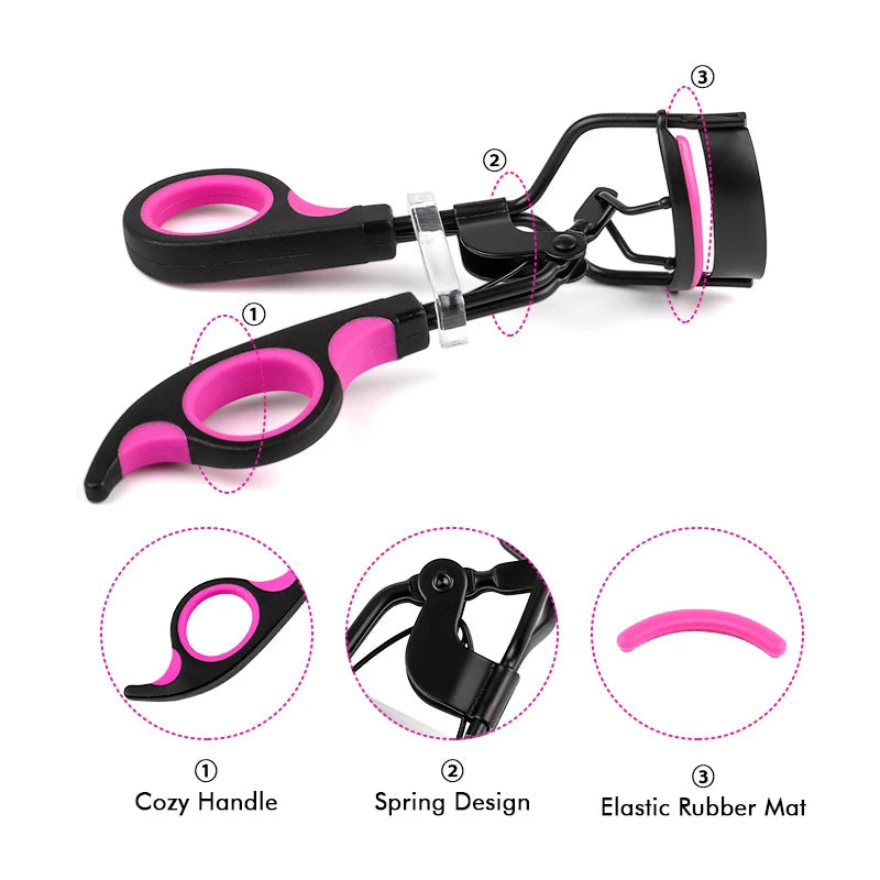 Eyelash curler with pink and black design, labeled parts on a white background.