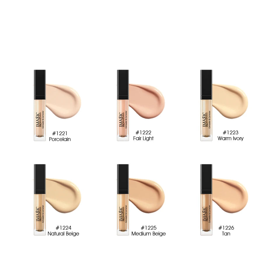 Six cosmetic concealer sticks with color swatches and names on a white background