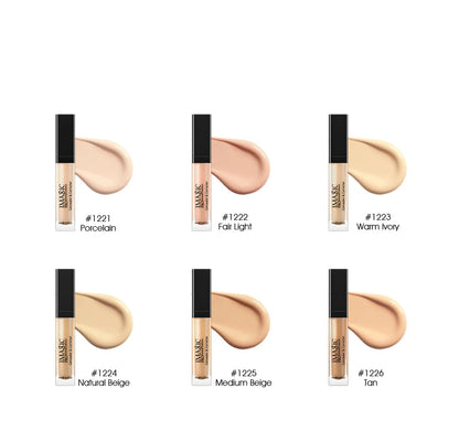 Six cosmetic concealer sticks with color swatches and names on a white background