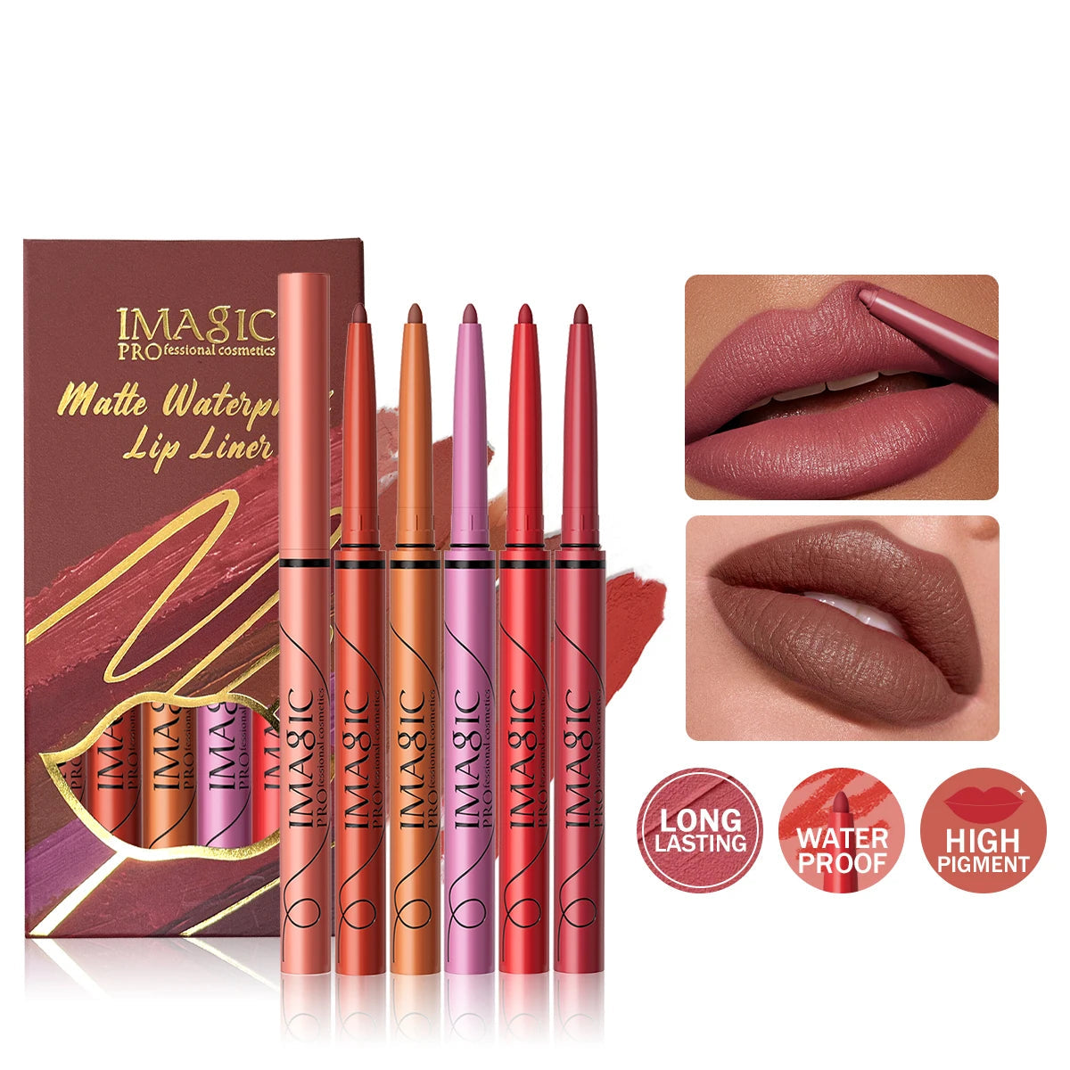 IMAGIC professional cosmetics matte waterproof lip liner set with packaging and color swatches.