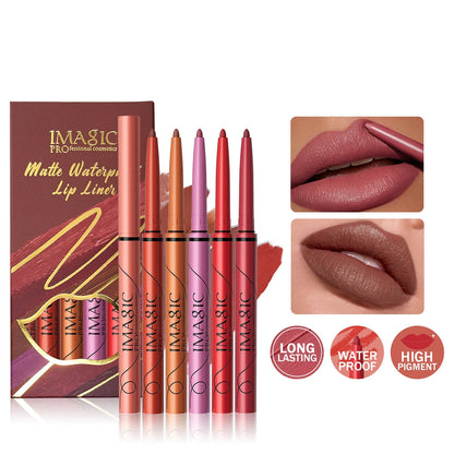 IMAGIC professional cosmetics matte waterproof lip liner set with packaging and color swatches.