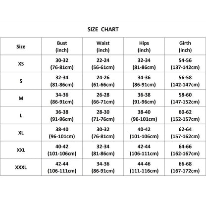 Size chart for clothing measurements in inches