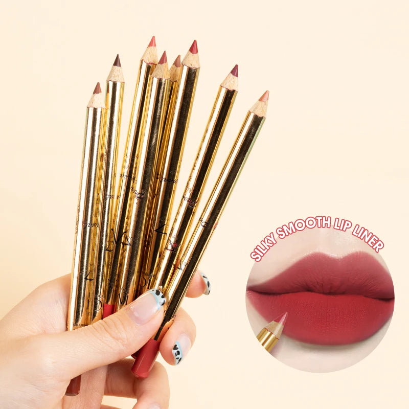 Hand holding lip pencils with a close-up of a red lip and lip liner on a beige background