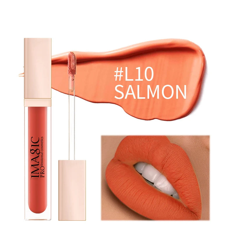Lipstick with '#L10 Salmon' color swatch and close-up of lips wearing the shade.