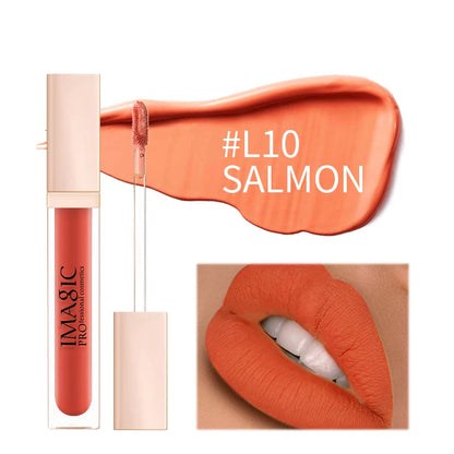 Lipstick with '#L10 Salmon' color swatch and close-up of lips wearing the shade.