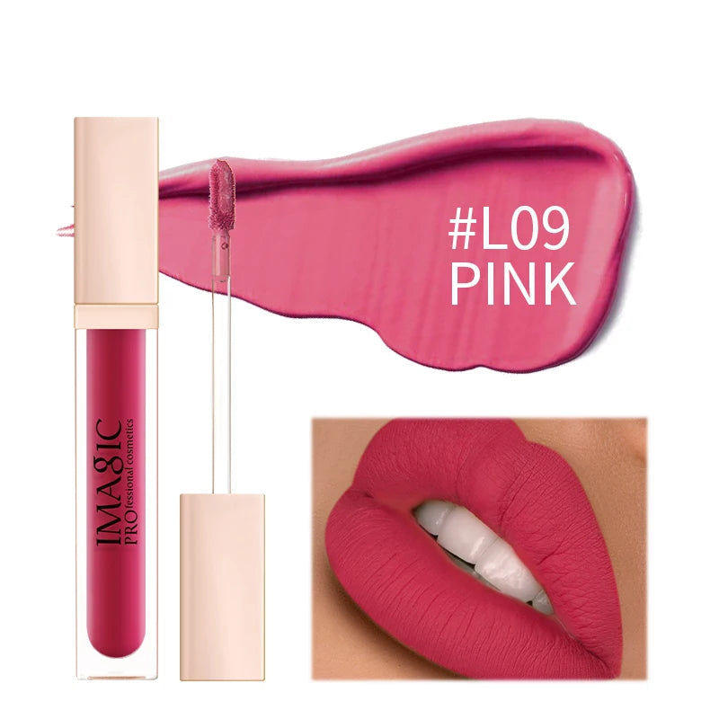 Pink lip gloss with packaging and close-up of lips wearing the color, branded as IMAGIC.
