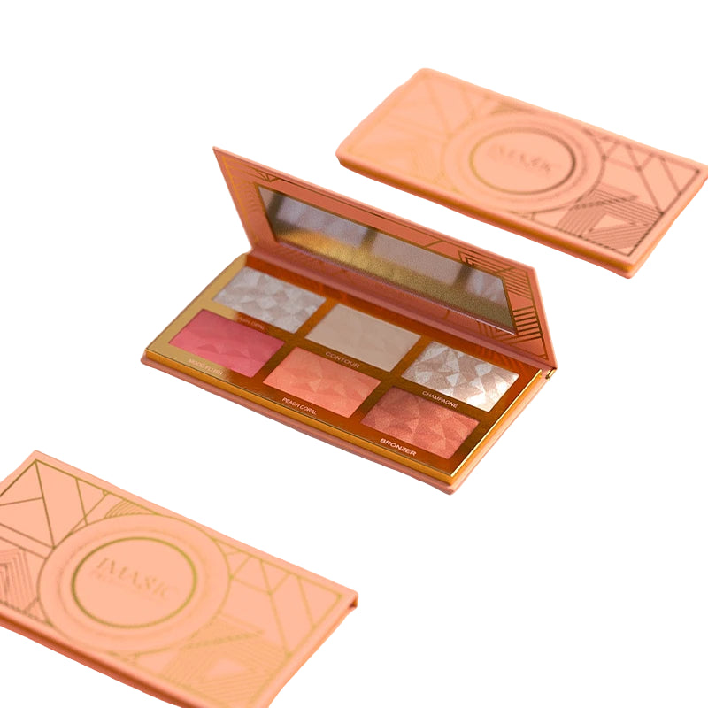 Makeup palette with pink and orange shades on a matching background, featuring the brand 'IMAGIC'.