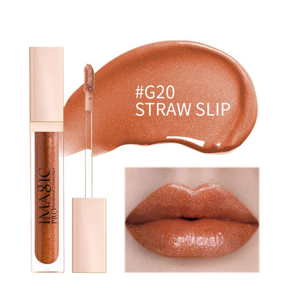 IMAGIC lip gloss with '#G20 Straw Slip' color swatch and application on lips.