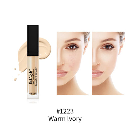IMAGIC concealer with a swatch on a white background and a close-up of a woman's face showing the product application.