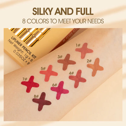 Lip liner pencil kit with swatches on a beige background