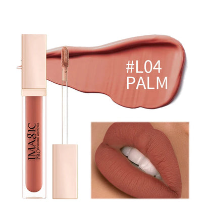IMAGIC lip gloss with applicator and color swatch on a white background