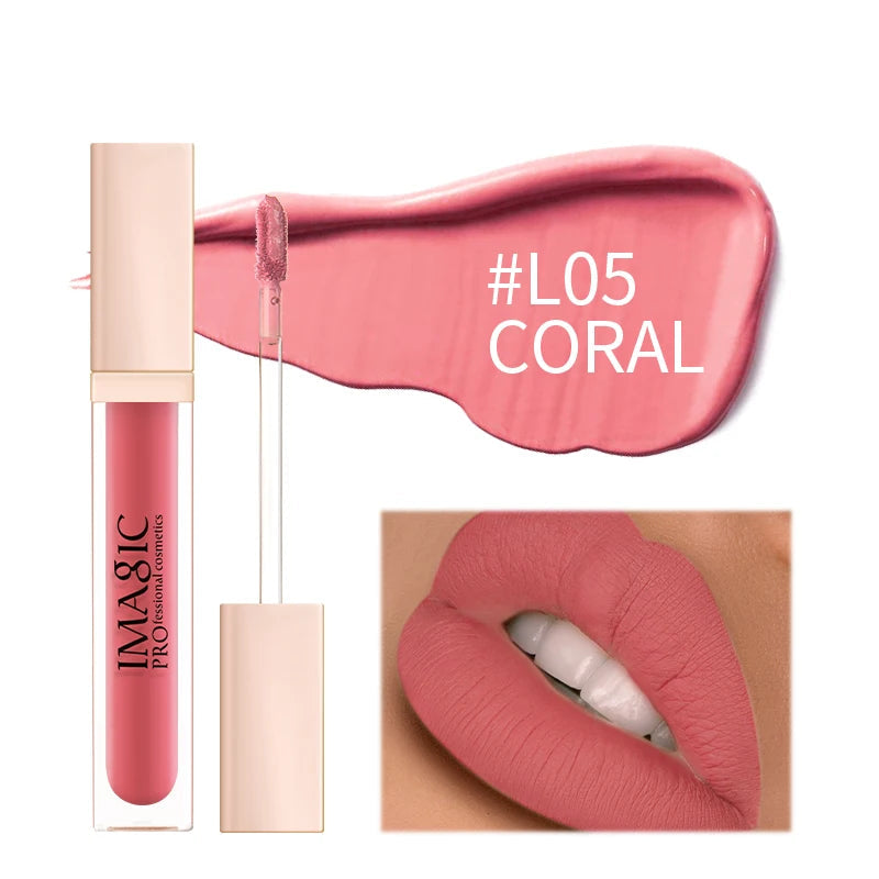 IMAGIC lip gloss with applicator and color swatch on a white background