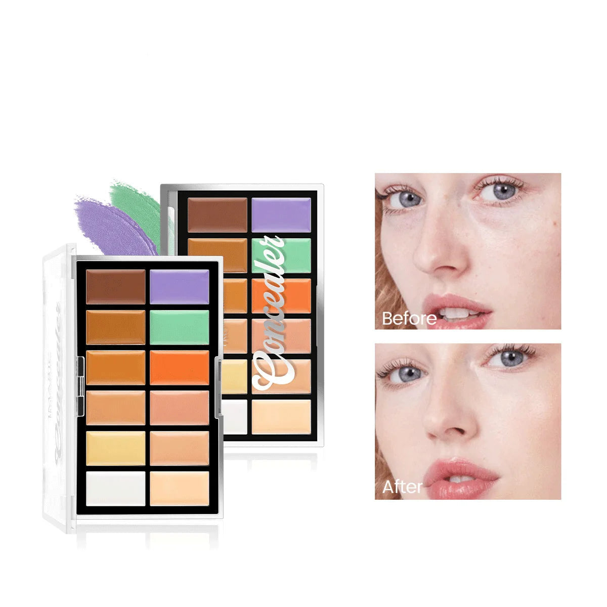 IMAGIC professional cosmetics palette with color swatches and a 'Before' and 'After' comparison of makeup application.