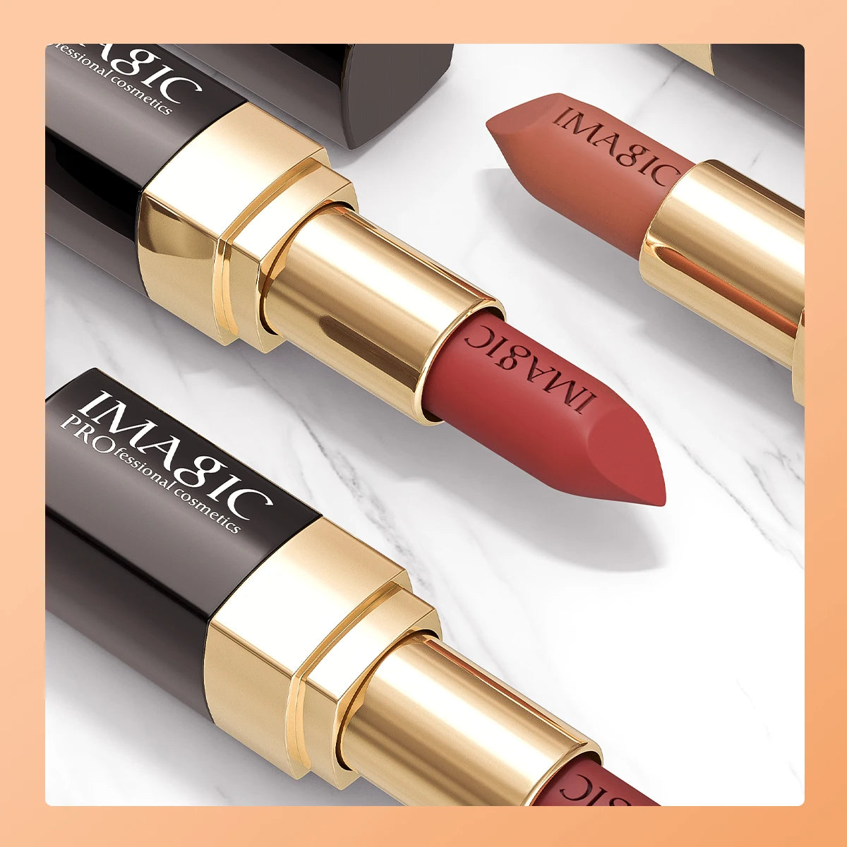 IMAGIC lipsticks on a white background with a peach border