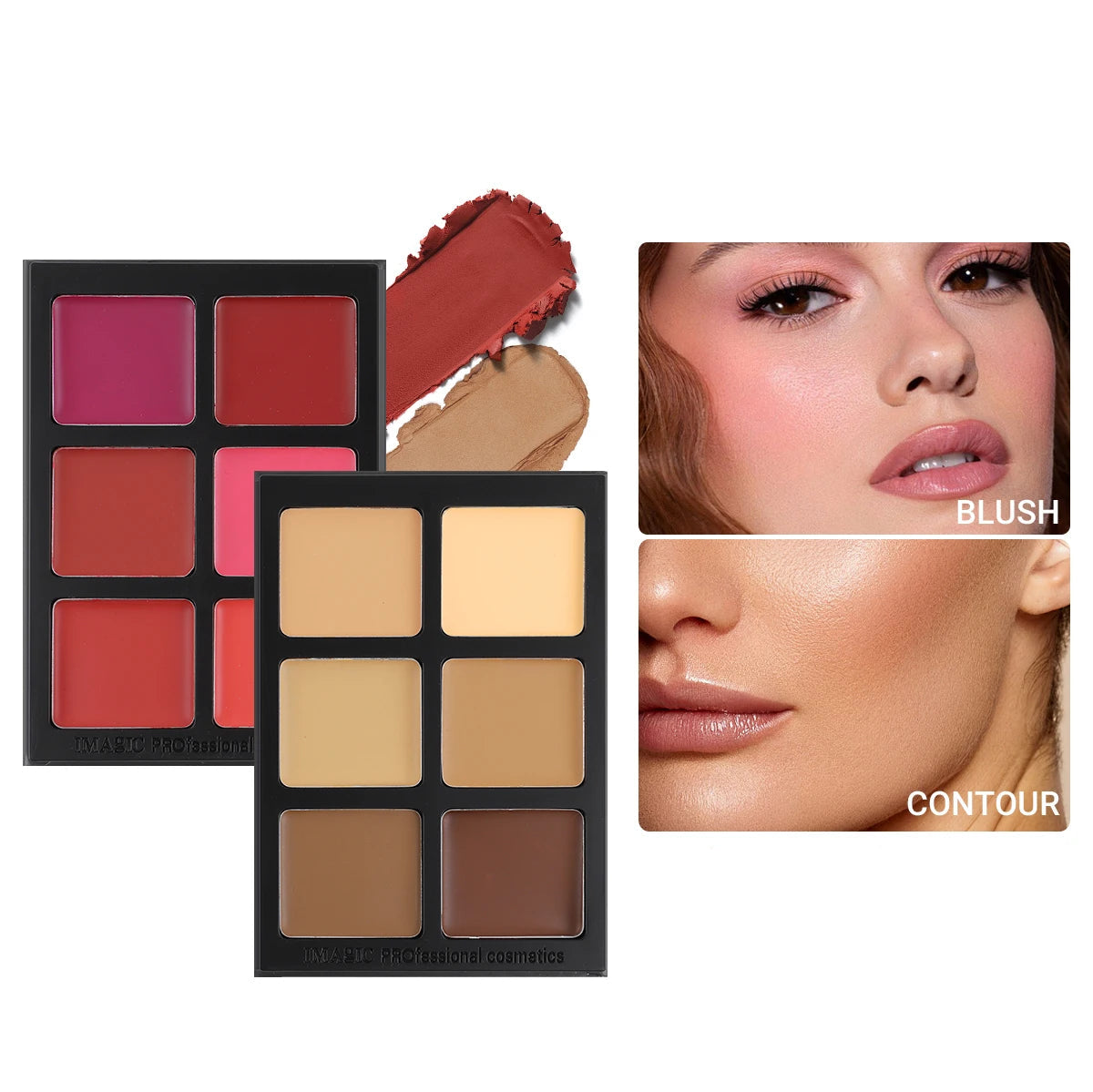 IMAGIC professional cosmetics with makeup palettes and a model wearing makeup.