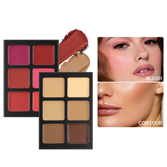 IMAGIC professional cosmetics with makeup palettes and a model wearing makeup.