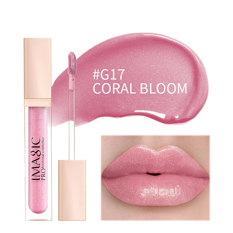 IMAGIC lip gloss with '#G17 Coral Bloom' color swatch and application on lips.