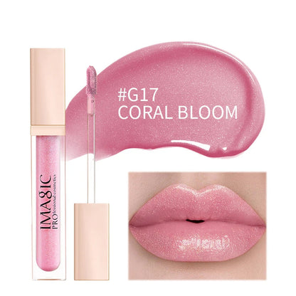 IMAGIC lip gloss with '#G17 Coral Bloom' color swatch and application on lips.