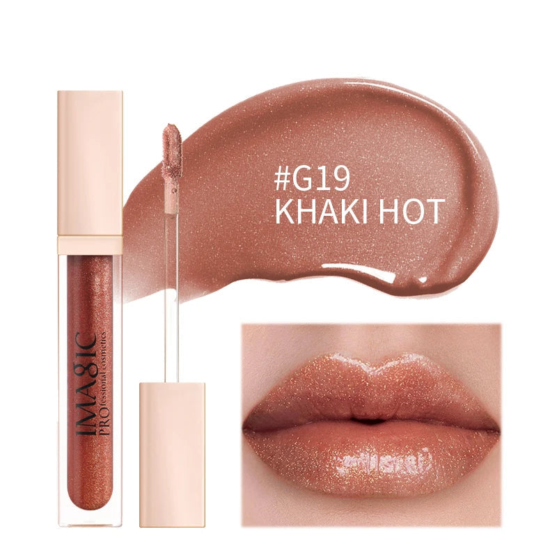 IMAGIC lip gloss with applicator and color swatch on white background