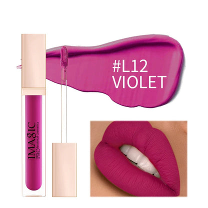 Purple lip gloss with packaging and color swatch on a white background
