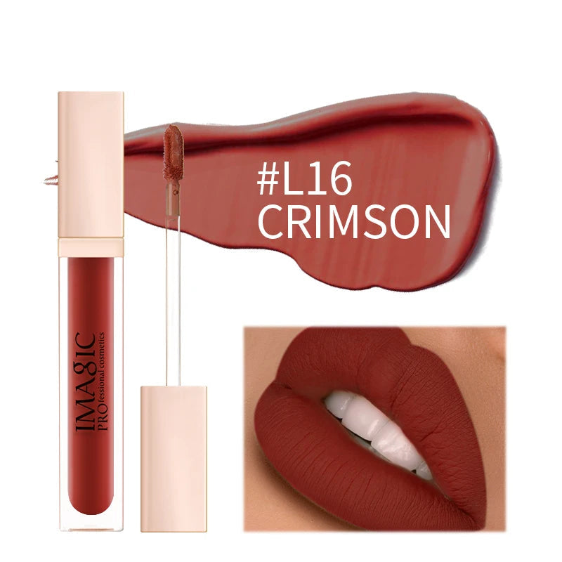 IMAGIC lip gloss with '#L16 Crimson' color swatch and application on lips.