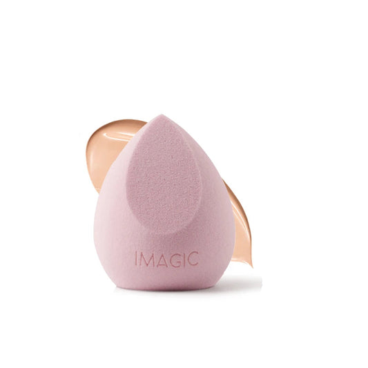 Makeup sponge with color swatches and product features on a white background