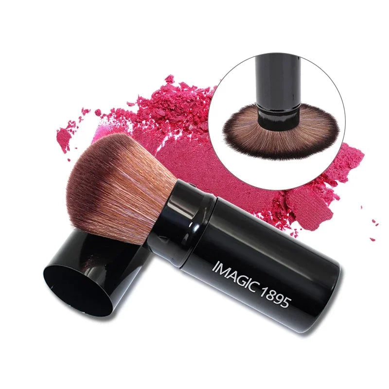 Makeup brush with pink powder and close-up of bristle, branded as IMAGIC.
