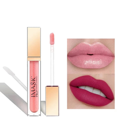 IMAGIC lip gloss with applicator and close-up of lips wearing the product on a white background