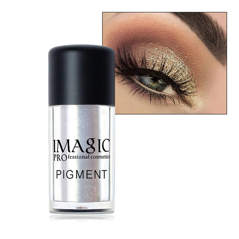 Magic Pro Pigment bottle with an eye close-up wearing gold eyeshadow