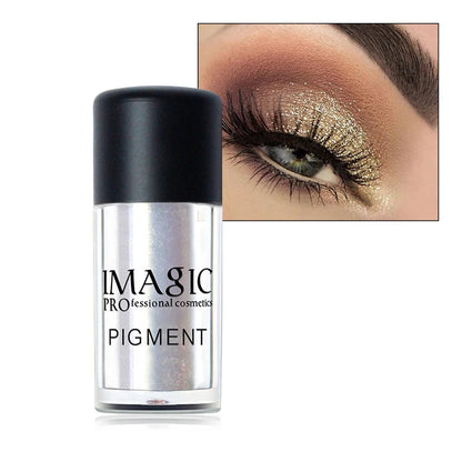 Magic Pro Pigment bottle with an eye close-up wearing gold eyeshadow