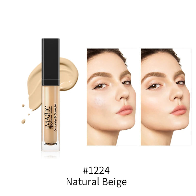 IMAGIC professional cosmetics concealer with a swatch and application on a model's face, labeled #1224 Natural Beige.