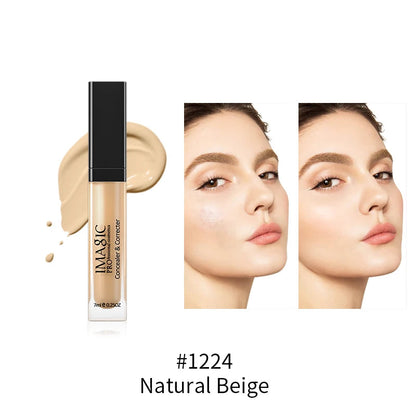 IMAGIC professional cosmetics concealer with a swatch and application on a model's face, labeled #1224 Natural Beige.